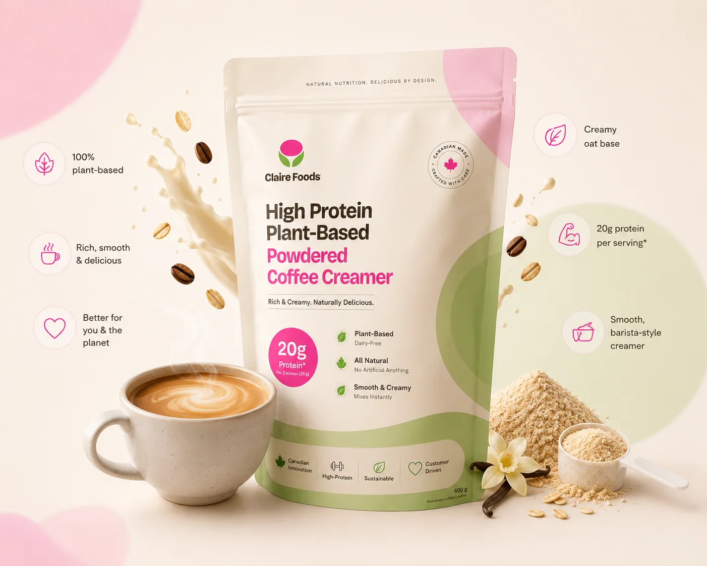 Claire Foods high-protein plant-based powdered coffee creamer